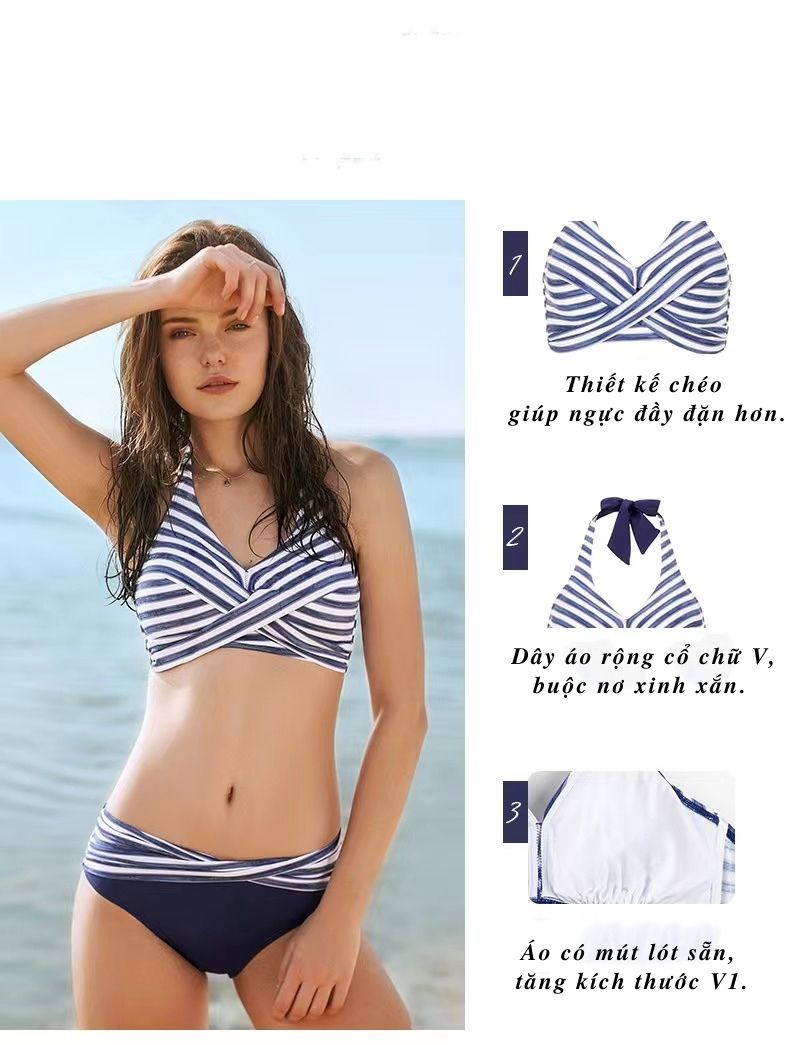 BIKINI Đi Biển 2 Mảnh Họa Tiết Xanh Trắng Trẻ Trung Tôn Dáng _Áo Sẵn Mút Lót Chất Liệu Dày Dặn Hàng Đủ Size S/M/L