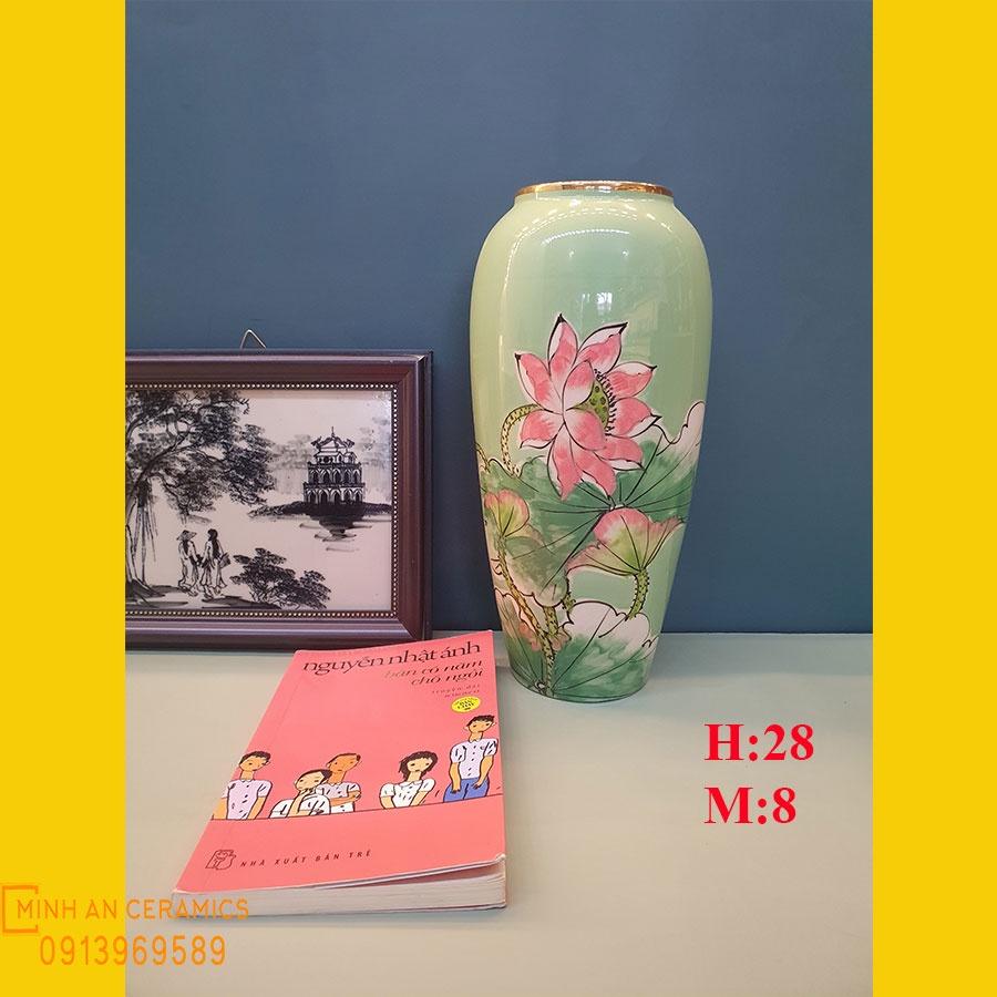 Bình hoa vẽ hoa sen miệng vàng gốm Minh An Bát Tràng, vẽ thủ công, H28, M8