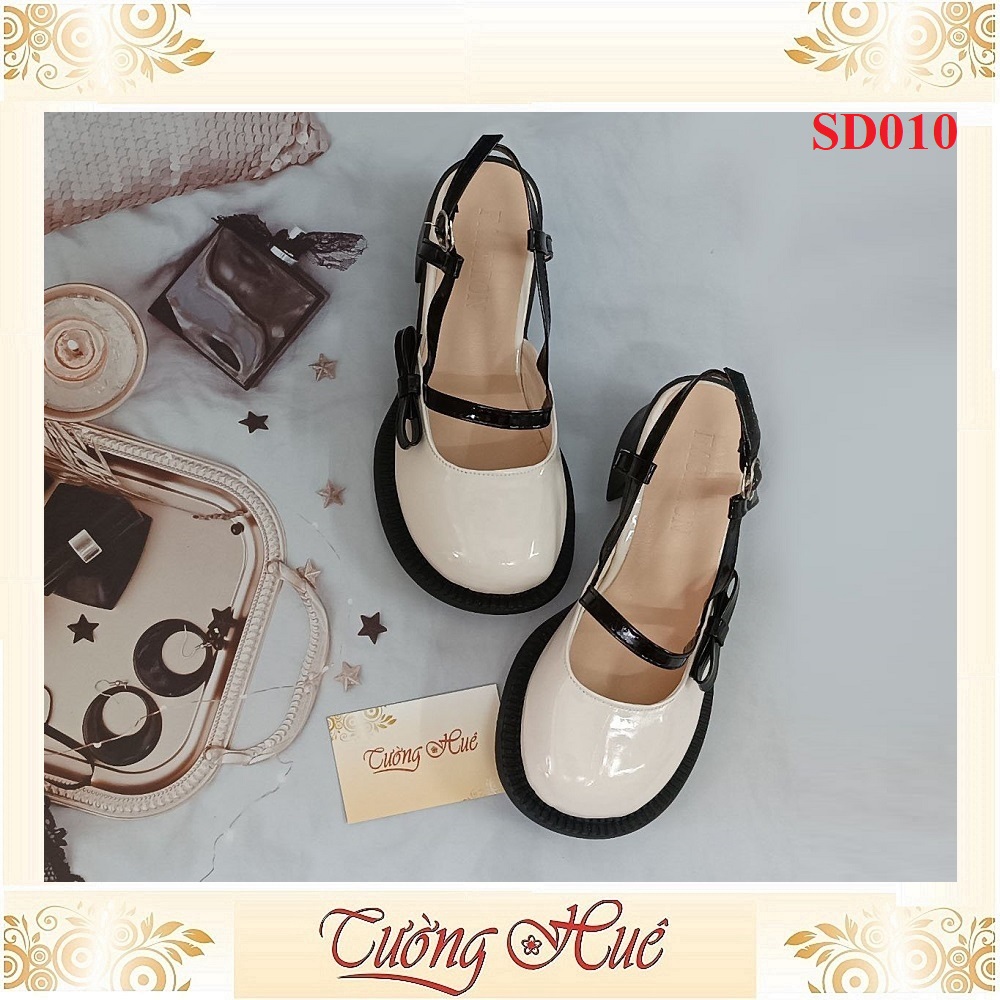 Giày Sandal Cao Gót Nữ Da Bóng Phối Nơ Gót Vuông Cao 6CM - Hàng Quảng Châu