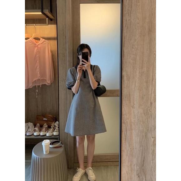 Đầm công sở trẻ trung sọc caro cổ sơ mi, váy dự tiệc phong cách Hàn Quốc chất liệu mềm mịn cao cấp