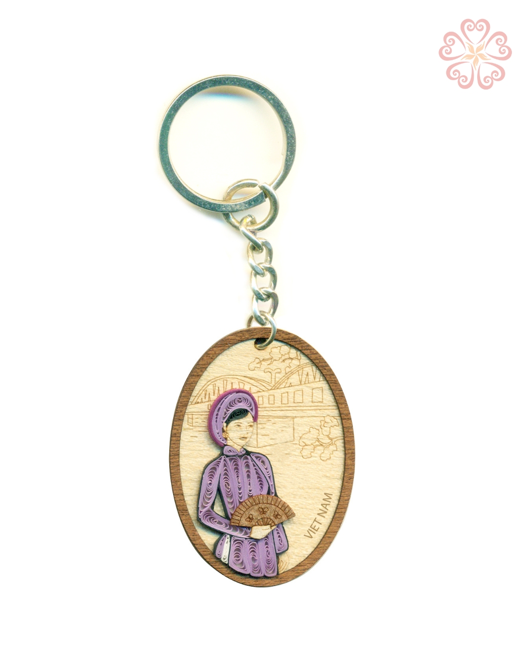 Móc khóa Gỗ Veener kết hợp Giấy Xoắn cao cấp chủ đề tà áo dài Việt Nam size 4x5.6cm