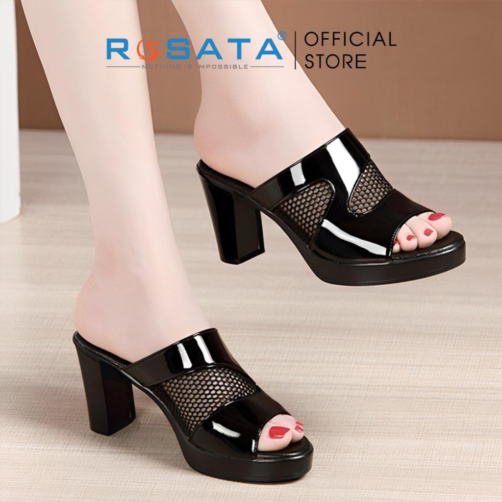 Giày sandal ROSATA RO582 dép sục cao gót 7cm xỏ chân mũi tròn quai ngang gót vuông màu đen xuất xứ Việt Nam