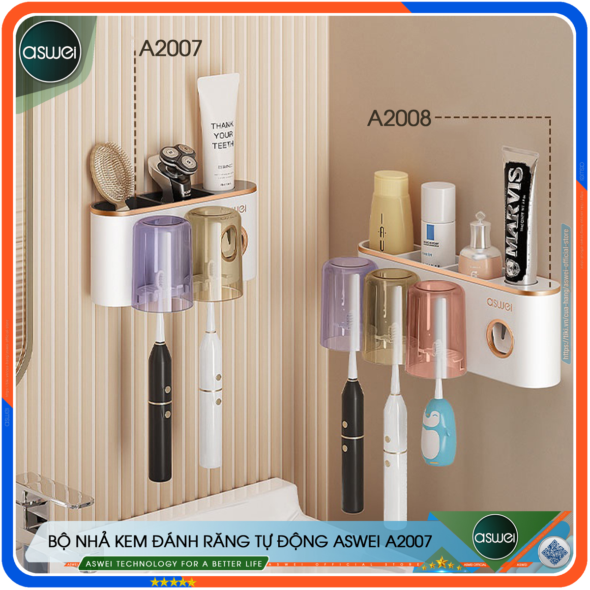 Hình ảnh Bộ nhả kem đánh răng tự động ASWEI - Kệ để đồ nhà tắm A2007, A2008, A2009 tích hợp giá treo bàn chải và cốc - Chất liệu ABS cao cấp - Kệ nhà tắm ASWEI - Hàng chính hãng