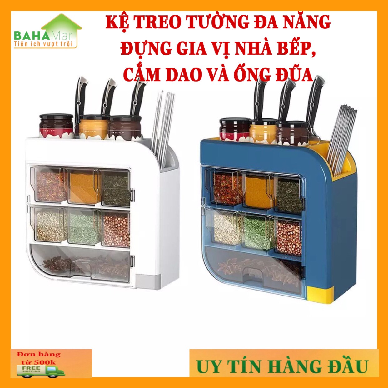 KỆ TREO TƯỜNG ĐA NĂNG ĐỰNG GIA VỊ NHÀ BẾP CẮM DAO VÀ ỐNG ĐŨA BAHAMAR sắp xếp và phân loại rõ ràng các loại gia vị và cắm dao đũa sạch sẽ khô ráo