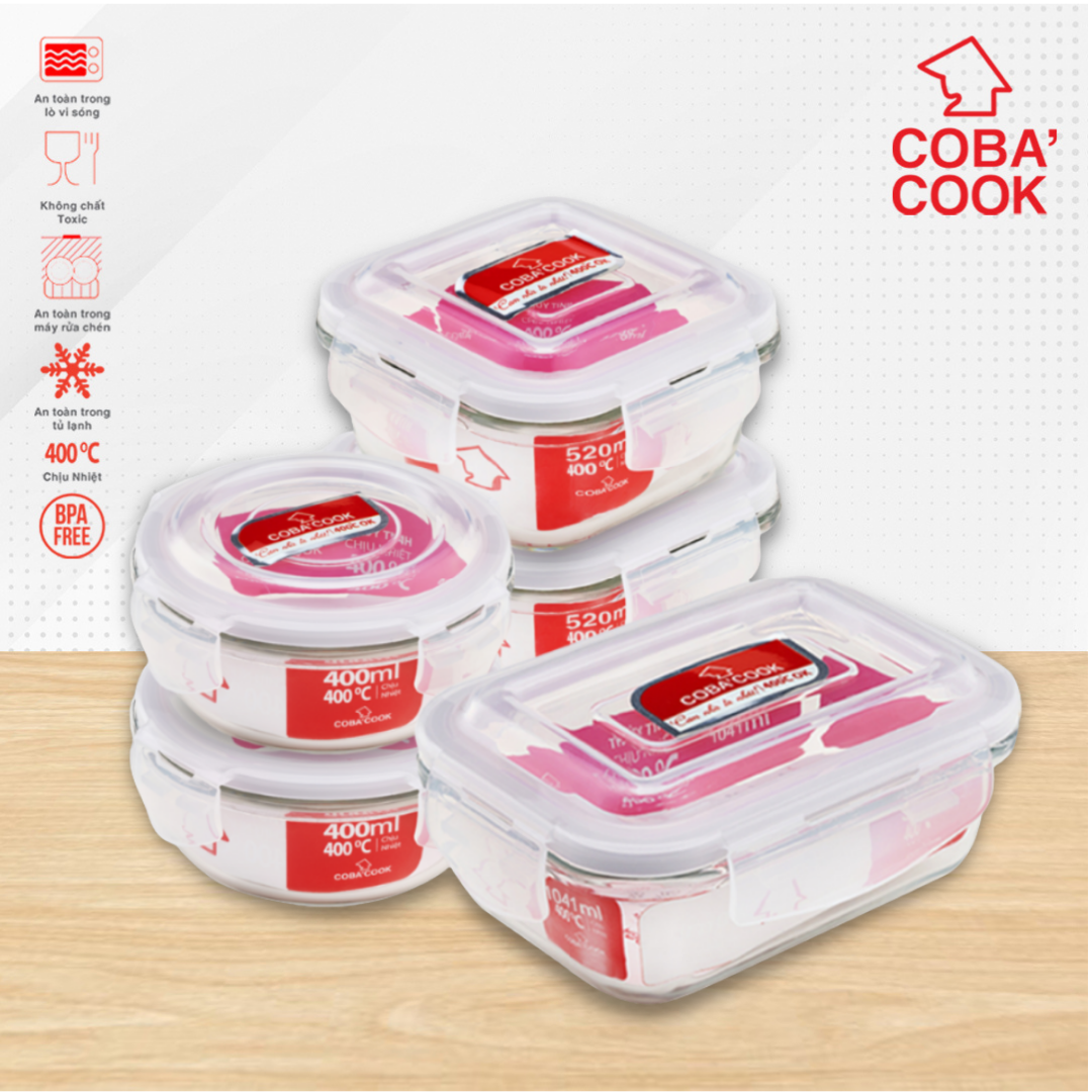 Bộ 5 hộp thủy tinh trữ thực phẩm chịu nhiệt 1 chữ nhật 1041ml 2 vuông 530ml 2 tròn 400ml COBA'COOK-CCL1S5R45