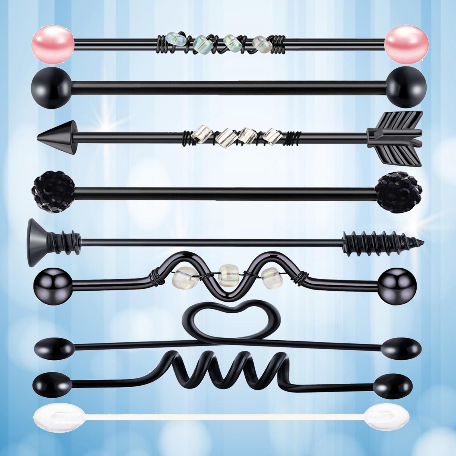 9Pcs Labret Ear Helix Earring Bar Barbell Body Piercing Jewelry Black