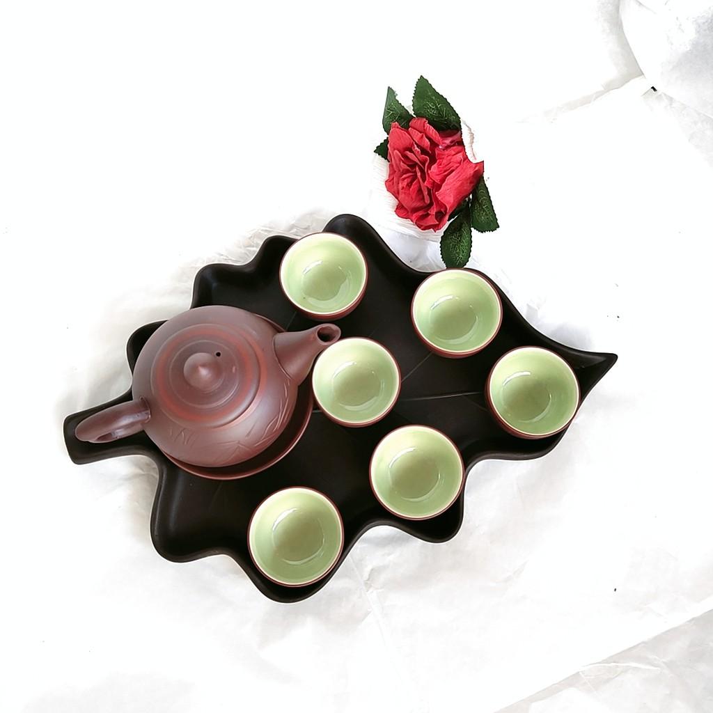 Gốm tử sa - Bộ ấm chén tử sa khắc chìm cỡ nhỏ khay hình lá tuyệt đẹp - Dung tích 180 ml