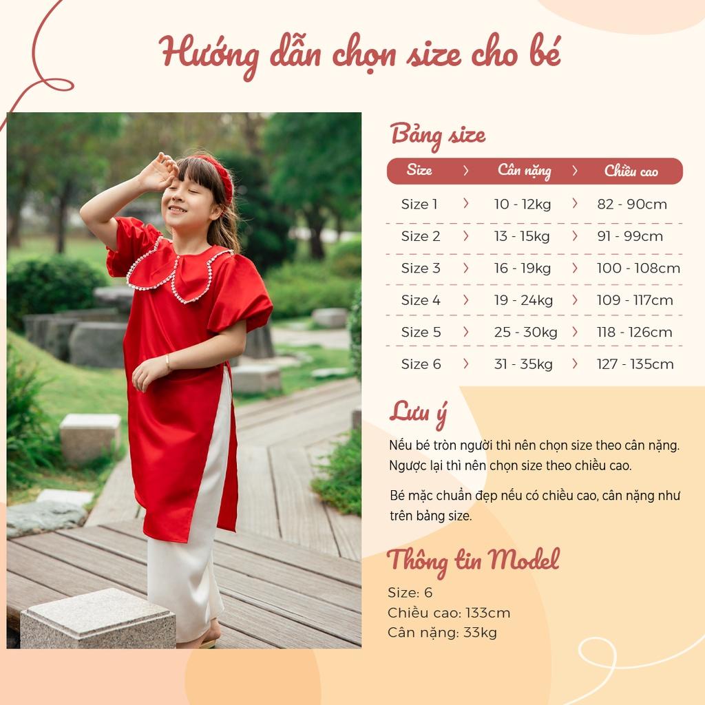 Áo dài bé gái BYZU thiết kế cách tân với nơ to đính ở ngực, chất vải tafta lụa cao cấp màu đỏ