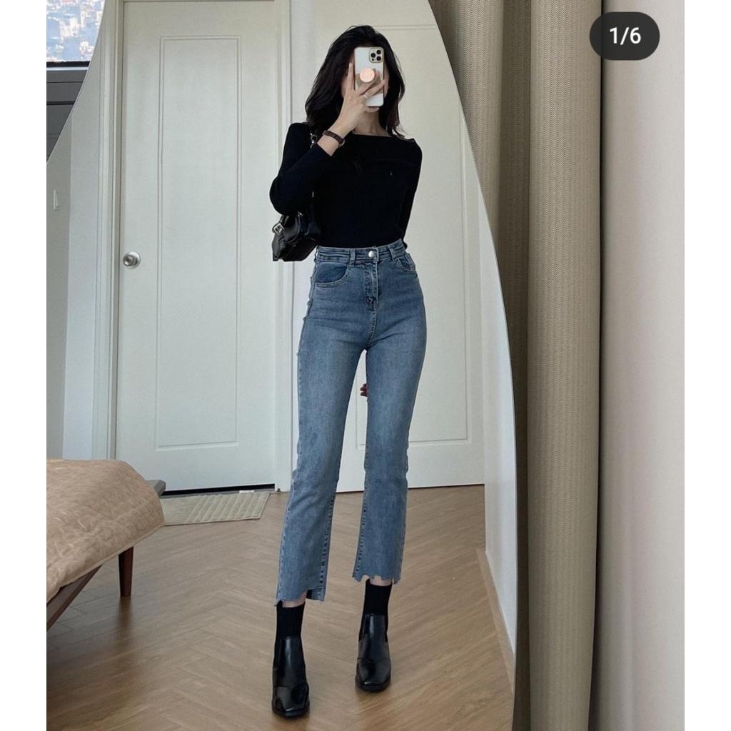Quần Jean Nữ Ống Đứng Cạp Cao Gấu Rách Cá Tính ThunderUnisex Chất Vải Dày Dặn Mềm Mại Phong Cách Ulzzang Fullsize