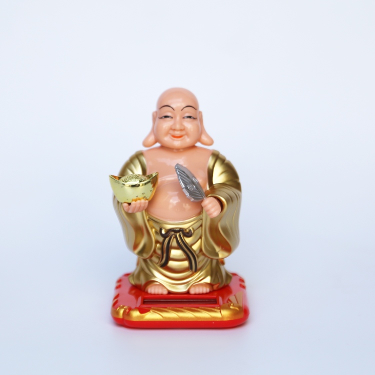 Phật Di Lặc Cầm Thỏi Vàng Vẫy Quạt Năng Lượng Mặt Trời - cỡ nhỏ