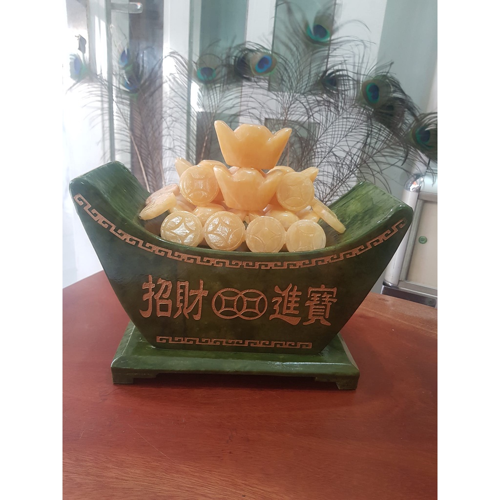 Tượng Chiếc Thuyền Phong Thủy Tài Lộc Chở Đầy Xiền Vàng Thỏi Vàng Quá Xá Đẹp Size Ngang 27cm x Cao 17cm x Sâu 13,5cm Thuyền Serpentine Xanh Thỏi Xiền vàng đẹp ơi là đẹp nặng 3,7kg may mắn tài lộc ạ