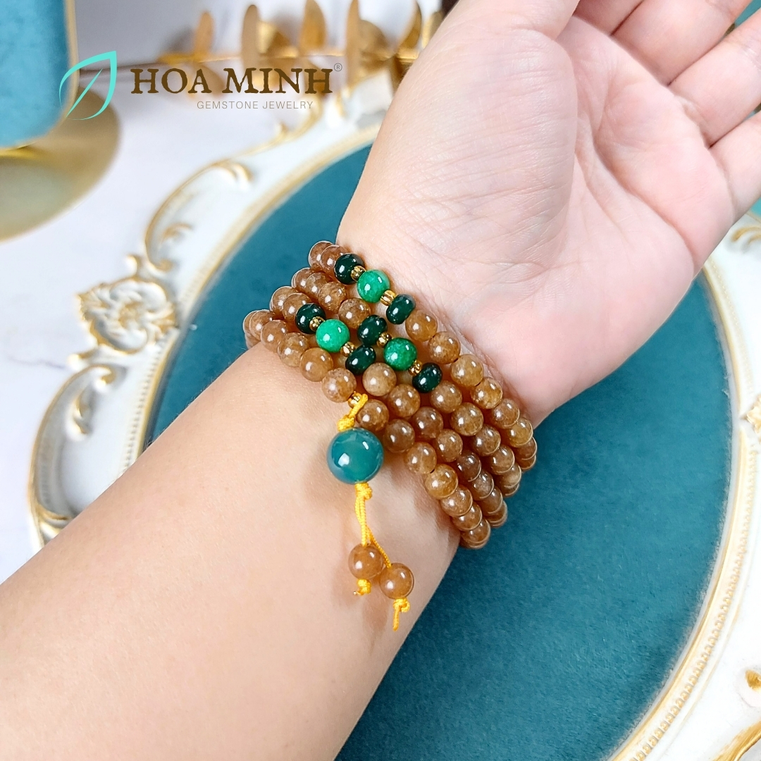 Vòng tay chuỗi 108 hạt đá Mã Não màu nâu ngọc hoà điền size 6.5 li phối bánh xe mã não, cẩm thạch sơn thủy, tài lộc bình an