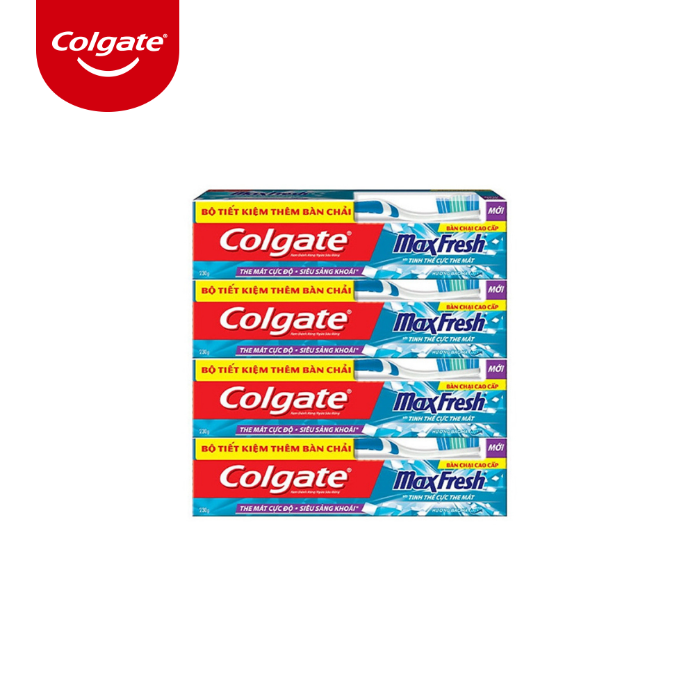 Bộ 4 Kem đánh răng Colgate bạc hà the mát Maxfresh 230g/tuýp tặng bàn chải đánh răng lông mềm