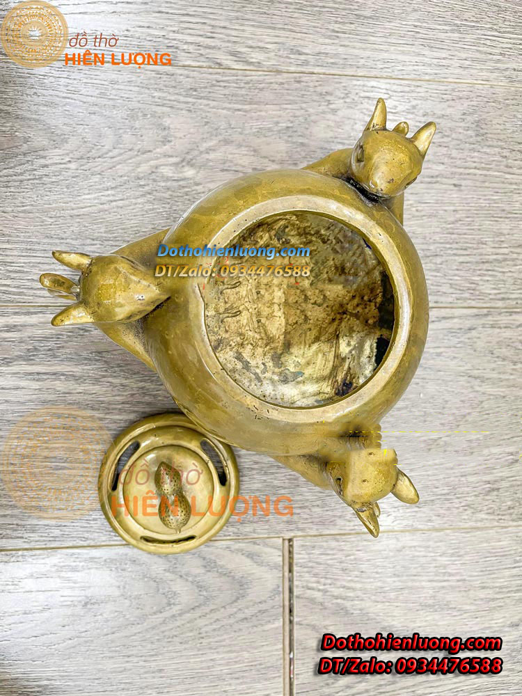Lư Xông Trầm Tam Chuột Màu Vàng Bằng Đồng Nguyên Chất Kích Thước 20x15cm, Nặng 1,5Kg - Đồ Thờ Hiên Lượng