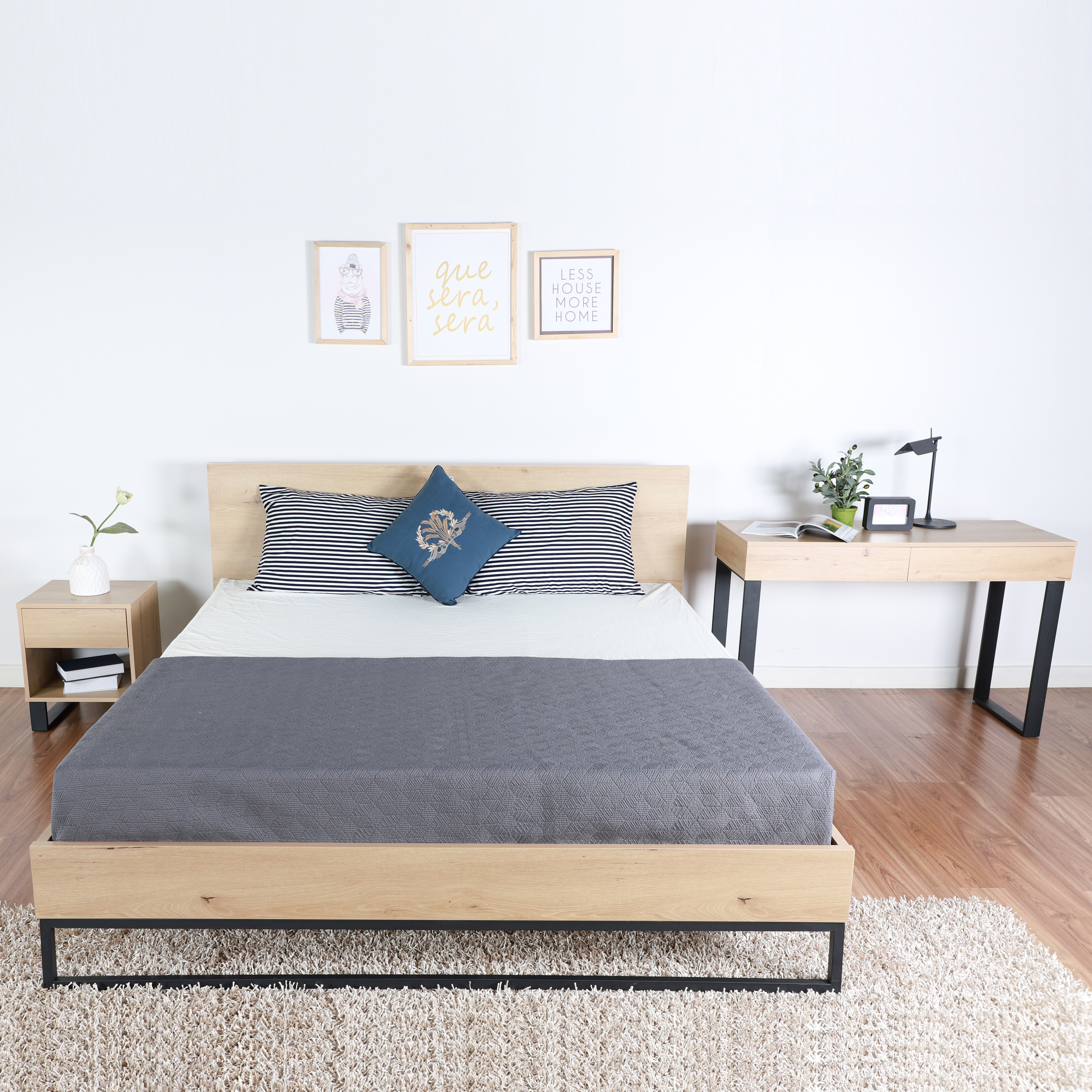 Bộ giường ngủ gỗ hiện đại 1m8*2m Magino màu gỗ trắng