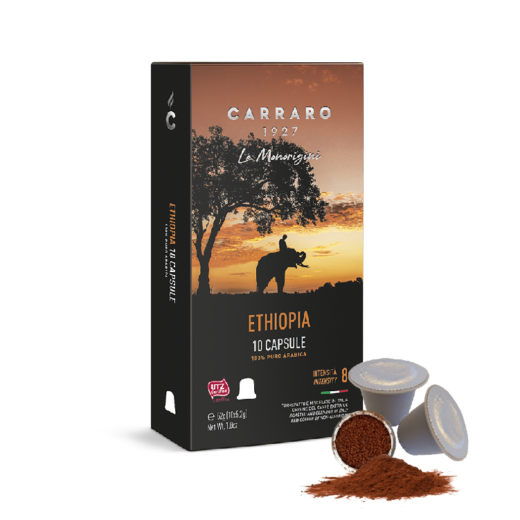 Cà phê viên nén Carraro Single Origin Ethiopia Aluminum mới - Tương thích với máy capsule Nespresso