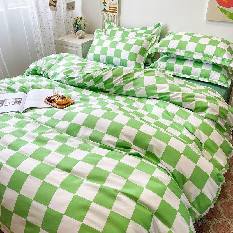 Bộ chăn ga gối Cotton Poly M2T Bedding vỏ chăn mền, drap nệm và 2 vỏ gối nằm - PL Bàn cờ vua xanh lá