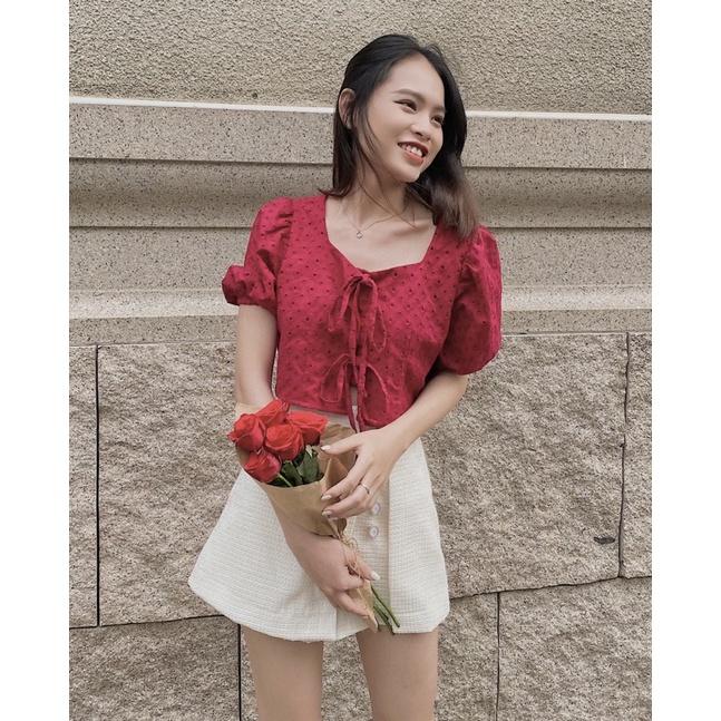 Áo kiểu croptop tay ngắn phồng Hàn Quốc cột nơ tiểu thư REVERCLOTHINGS Smiley Top