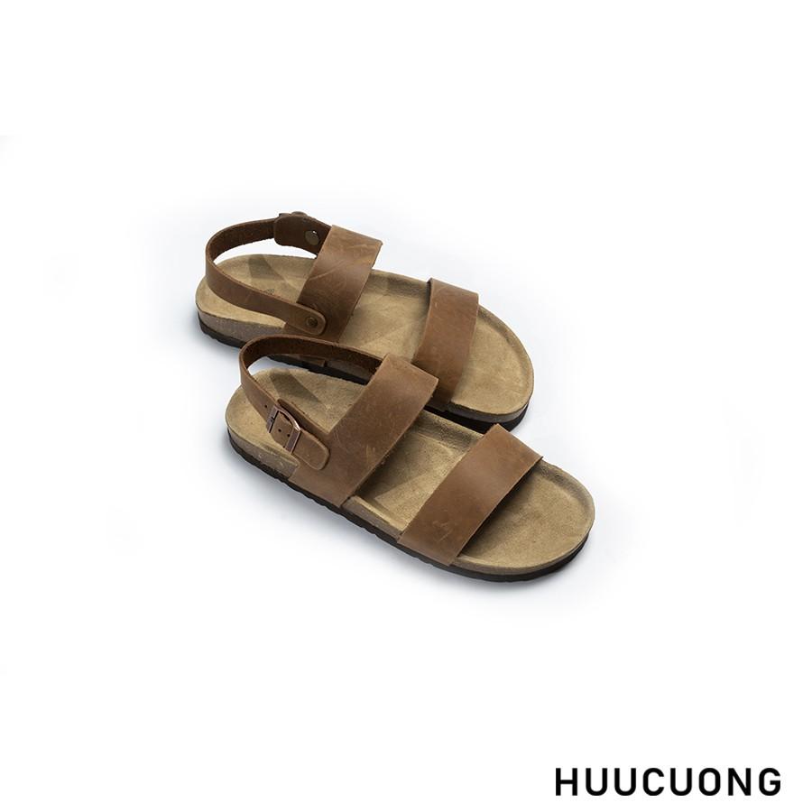 Sandal Unisex HuuCuong 2 quai da bò nâu đế trấu handmade