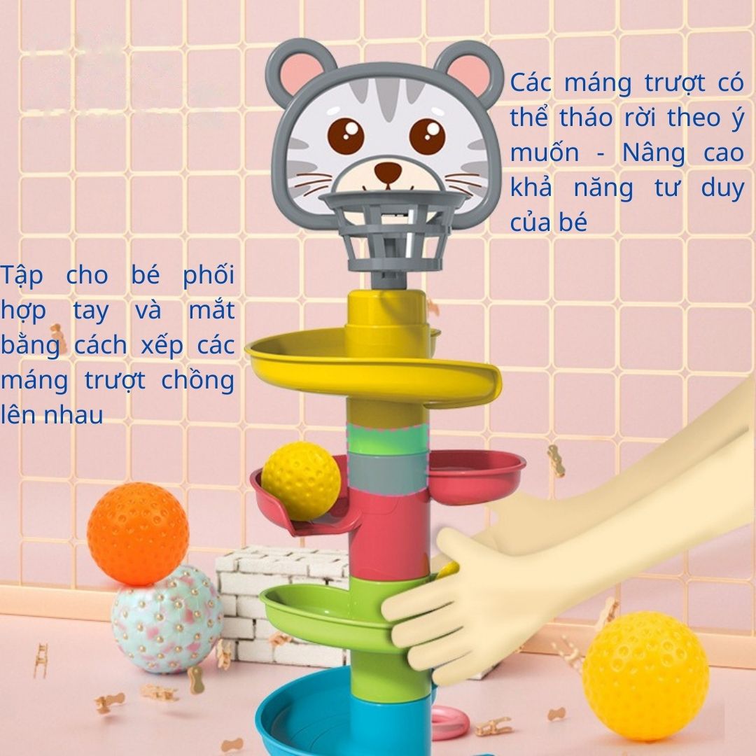 Đồ chơi trẻ em Tháp bóng lăn, cầu trượt thả bóng xoay vòng nhiều 7 tầng 7 bóng EASYTOYS giú