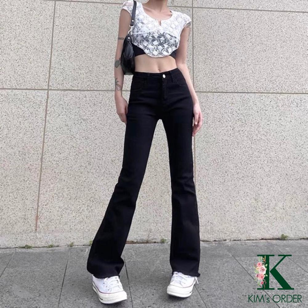 Quần jeans nữ ống loe lưng cao phom dáng dài màu đen màu nâu chất liệu vải co dãn nhẹ cao cấp xu hướng thời trang