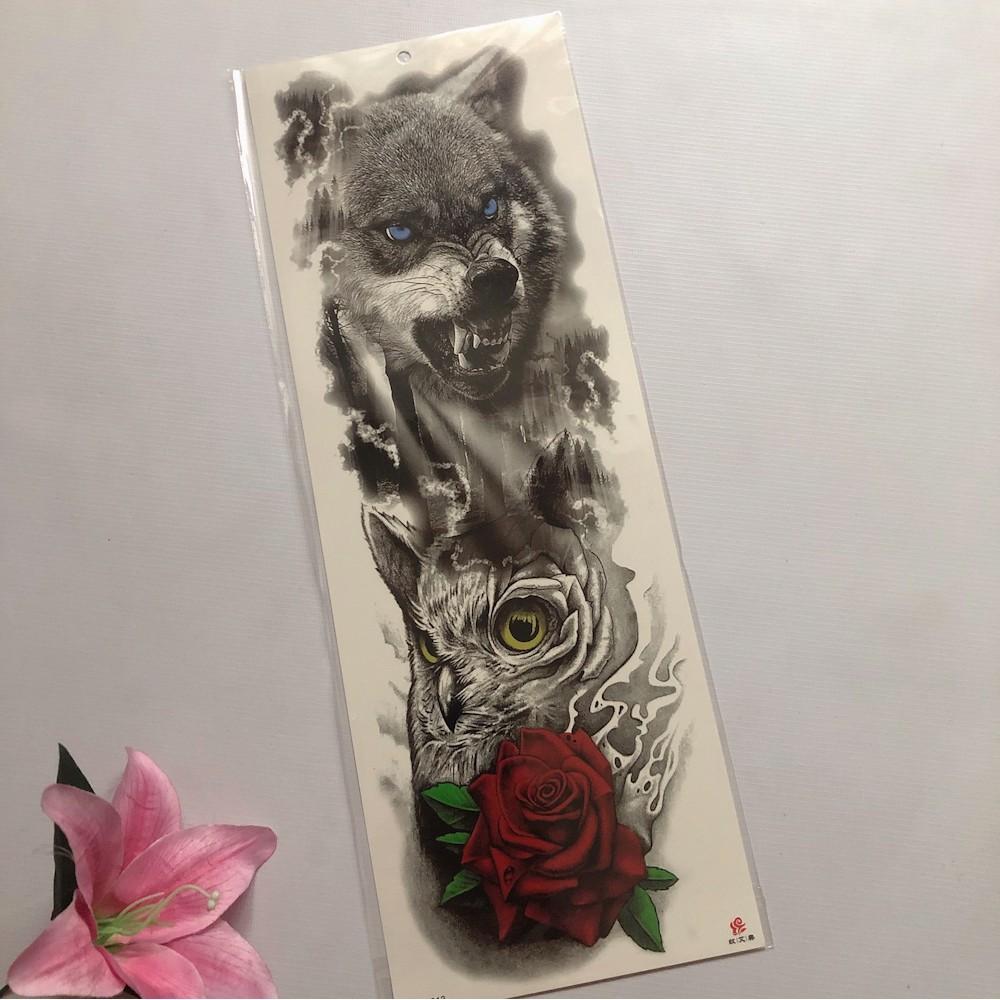 Hình xăm dán mặt sói hoa 17x48cm- tặng bắp tay xinh khi mua từ 3 tấm