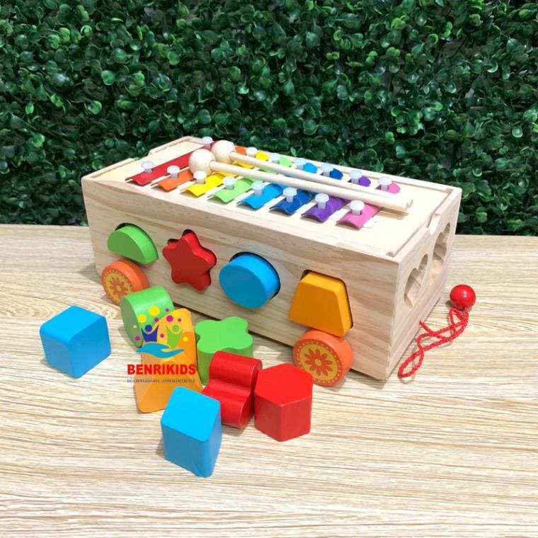 Đồ Chơi Xe Kéo Thả Hình Khối Kèm Đàn Xylyphone 8 Quãng Phát Âm Trong Trẻo Bằng Gỗ, Đồ Chơi Giáo Cụ Montessori