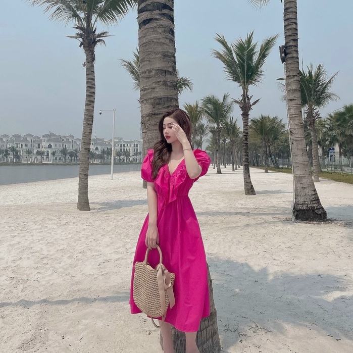 Đầm maxi đi biển cổ tim bèo ngực dáng dài buộc dây hở lưng chun eo hai màu - Váy maxi dạo biển chất thô sang chảnh