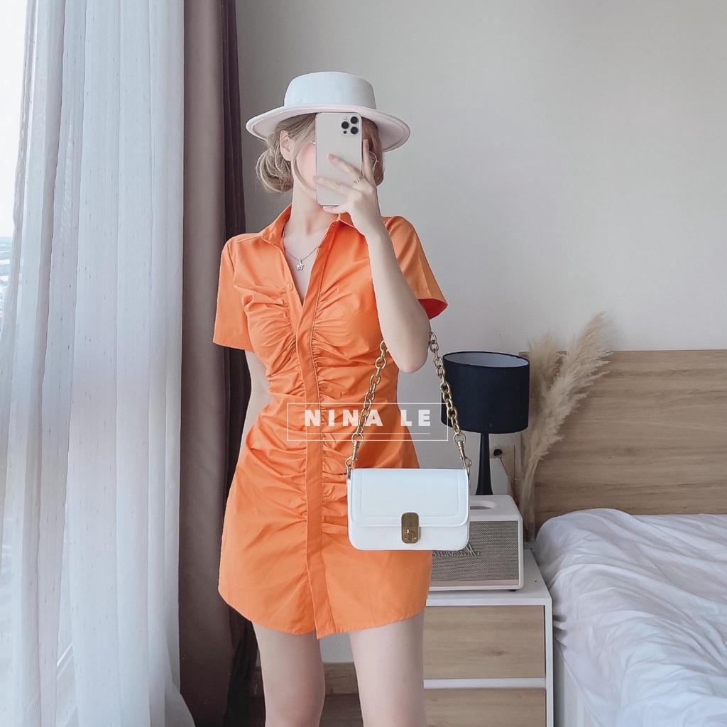 Đầm sơ mi tay ngắn phối hàng nút xếp ly màu sắc (Xanh, Trắng, Cam, Hồng) siêu xinh giúp nàng nổi bật dạo phố, đi biển