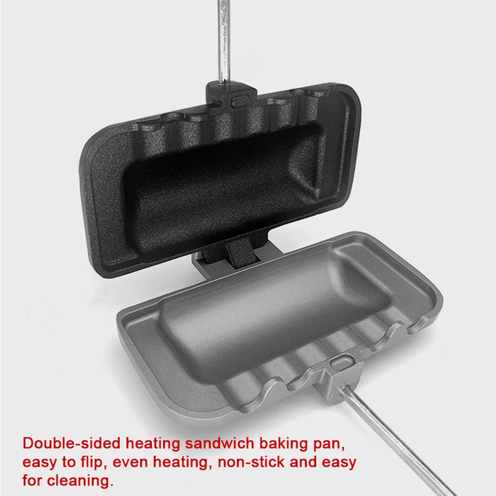 Camping Sandwich Baking Pan Double-Sided Sandwich Maker Non-Stick Aluminum Flip Grill Pan with Removable Handle for Breakfast Pancakes Toast Omelets