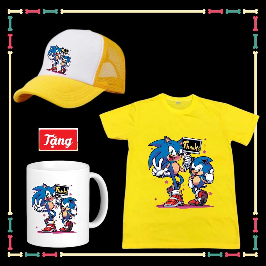 Combo Áo Sonic trẻ em đủ màu sắc đủ size áo từ 10 kg đến 80kg, kèm Mũ lưỡi trai, kèm ly sứ Sonic