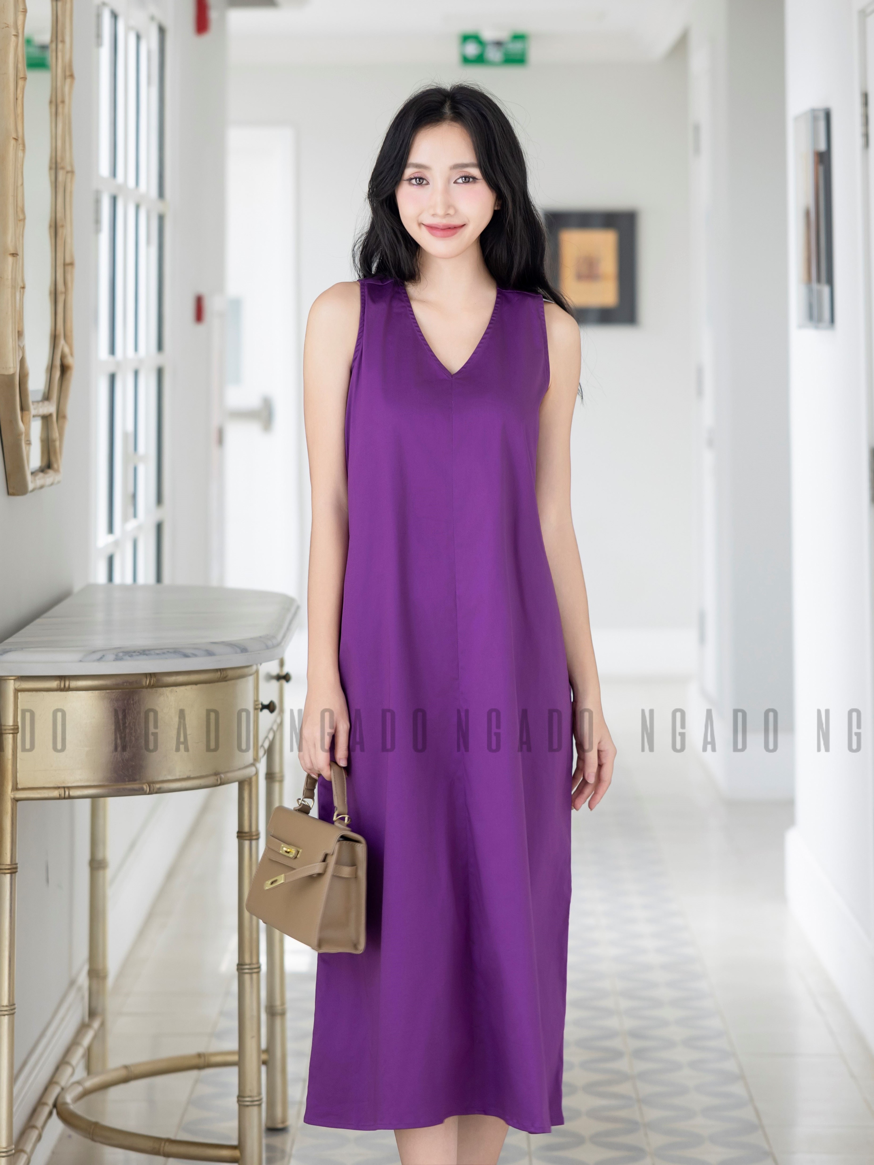 Đầm tím cổ tim NGADO , đầm nữ , Đầm suông , Đầm thiết kế