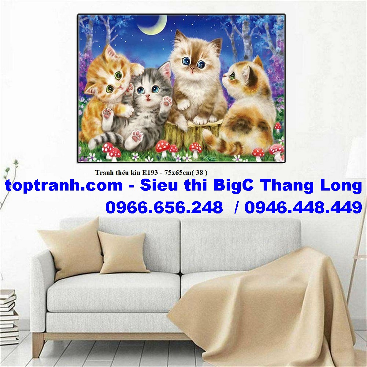 Tranh thêu chữ thập gia đình mèo con đáng yêu E193 chưa thêu