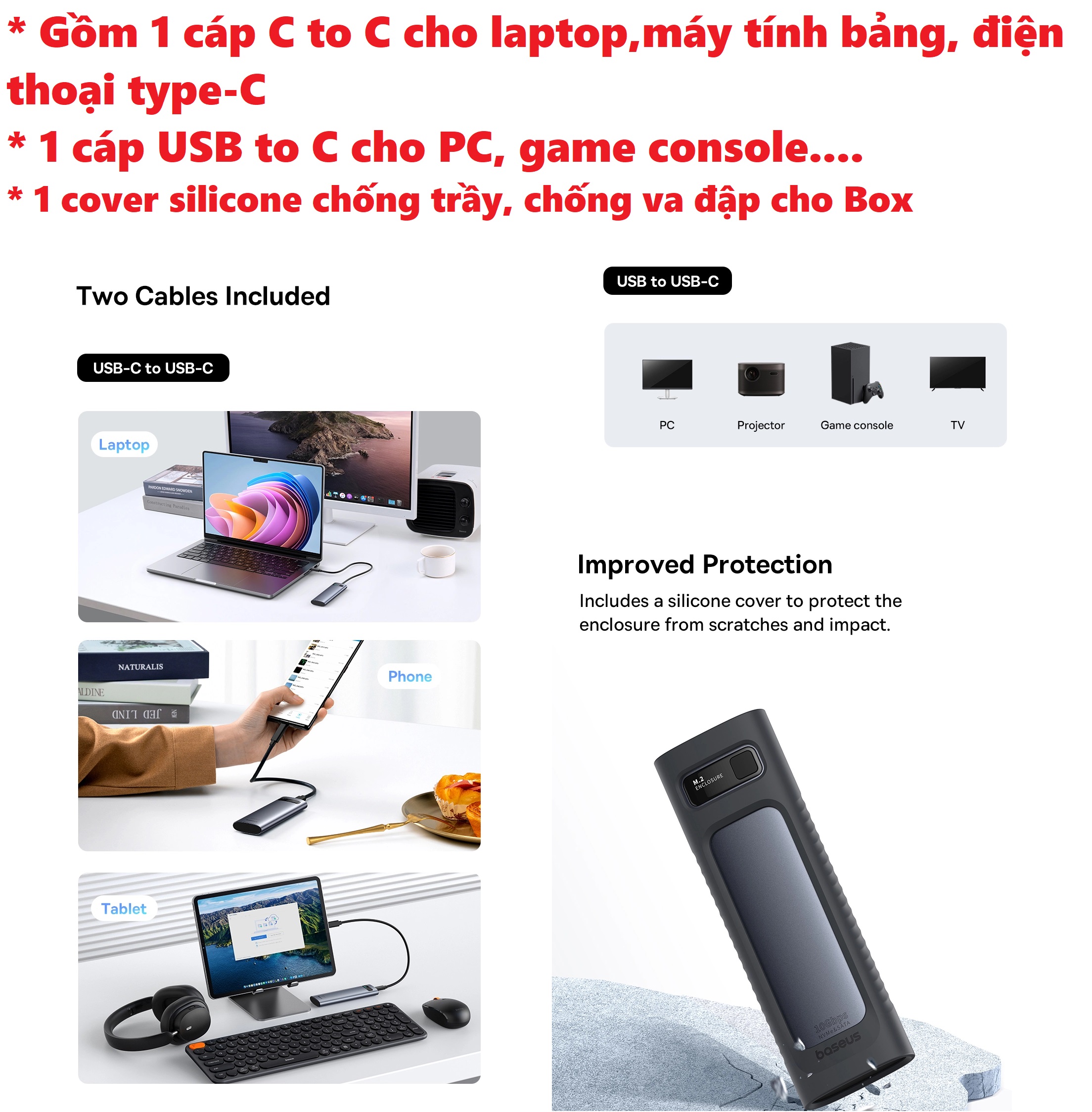 Box đựng ổ cứng SSD M.2NVMe và SATA kết nối USB / Type-C Gen2 10Gbps Baseus FlyJoy Enclosure BS-OH155 _ hàng chính hãng