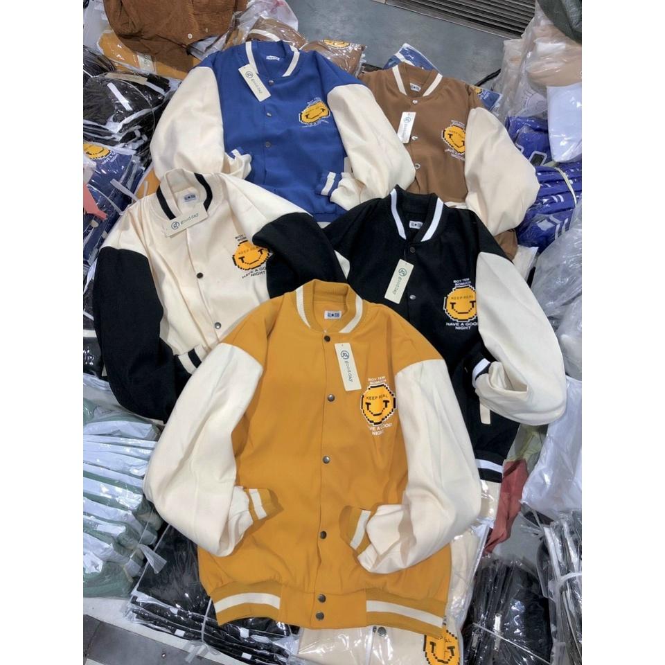 Áo khoác Bomber nhung Da Lộn 2 Lớp Hình Mặt Cười unisex Hottrend