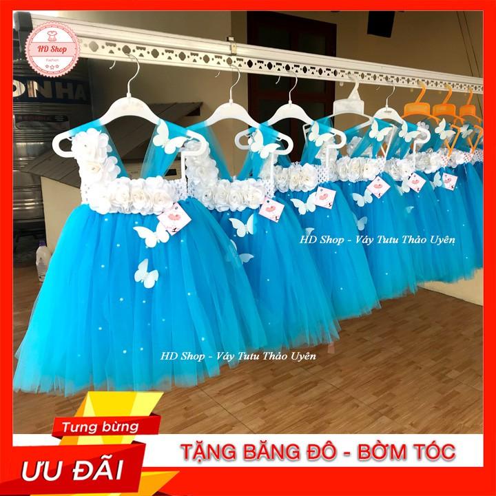 Đầm cho bé ️️ Đầm cho bé xanh biển hoa hồng trắng 6 bông đính đá