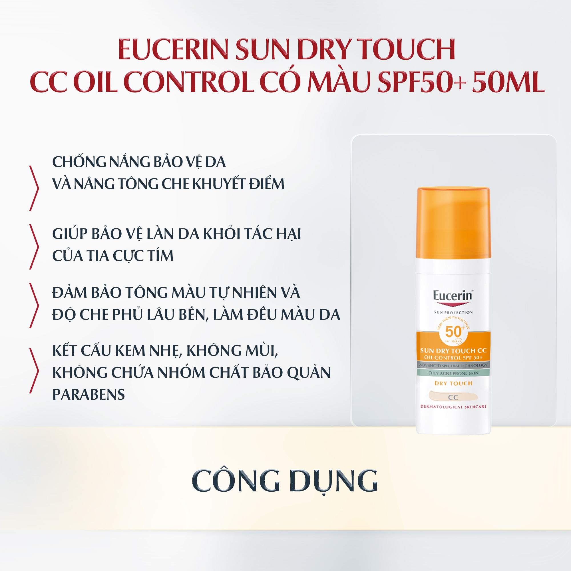 Kem chống nắng kiềm dầu, có màu Eucerin Sun Dry Touch CC Oil Control SPF50+ 50ml