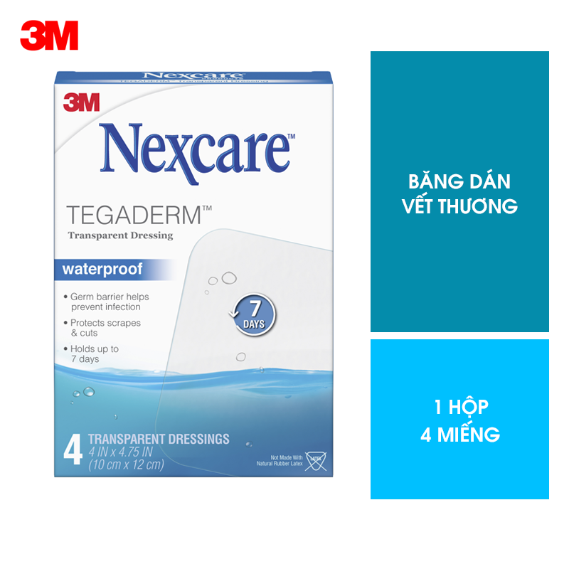 Miếng dán vết thương trong suốt Tegaderm Nexcare 3M 10x12cm hộp 4 miếng - Keo dính cao cấp, chống thấm nước H1626