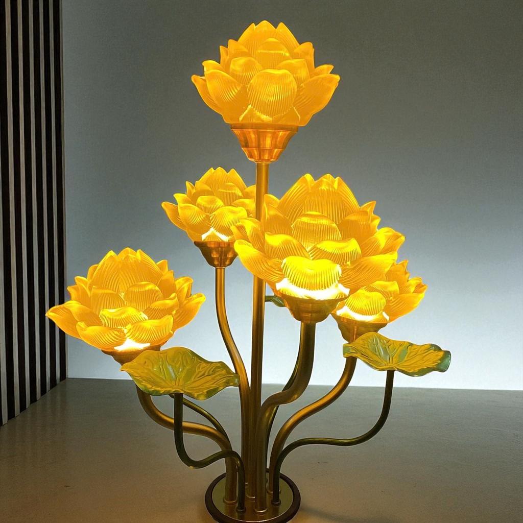 Đèn thờ 5 bông lưu ly RỒNG VIỆT - Thiết kế tinh xảo, thân đồng sắc nét, cho ban thờ thần tài.