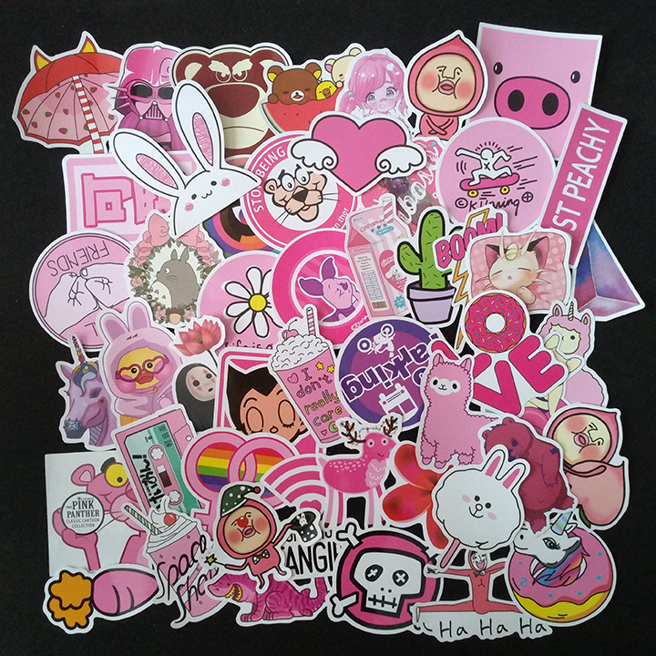Set 60 sticker pink chủ đề màu hồng có ép lụa