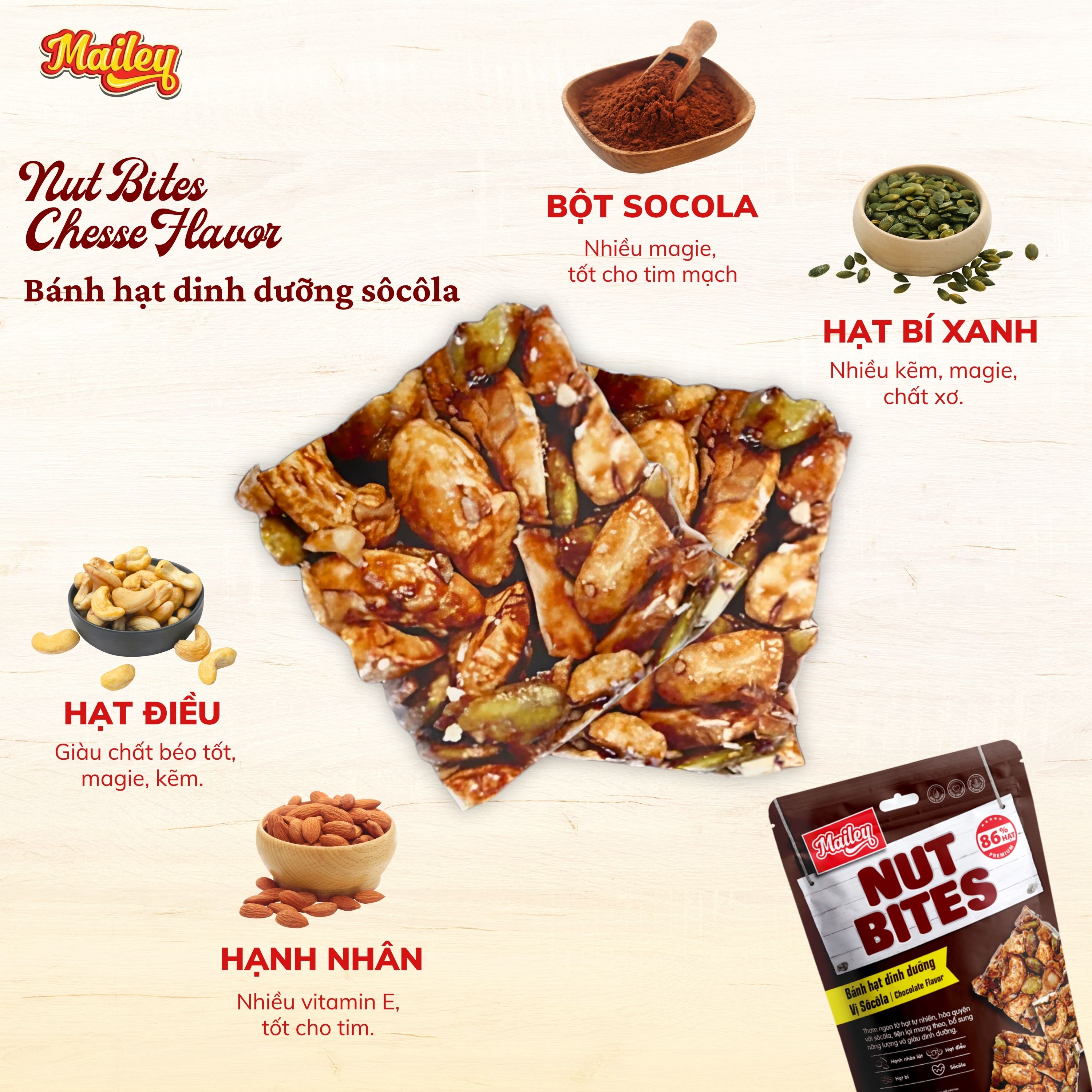 [COMBO 3 TÚI] Bánh hạt dinh dưỡng NUT BITES Mailey túi 96g - thơm ngon từ hạt tự nhiên và giàu dinh dưỡng
