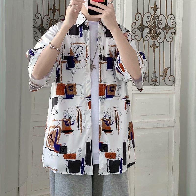 Korean Style Retro Floral Pattern Short Sleeve Men's Shirt