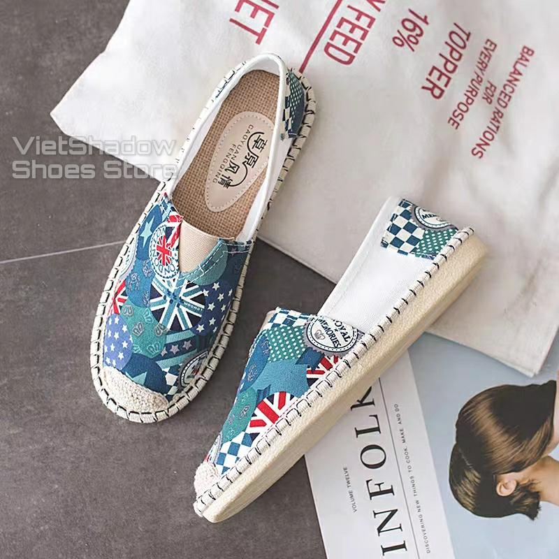 Slip on cói nữ - Giày lười vải nữ họa tiết cờ Anh Quốc - 2 màu (xanh) và (đỏ) - Mã SP B30