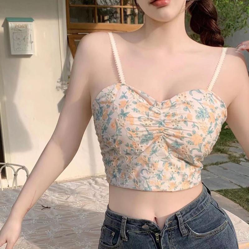 Áo bra 2 dây hoa nhỏ xinh có đệm mút chun lưng nhún ngực cho nữ
