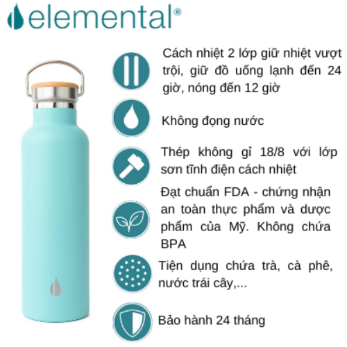 BÌNH GIỮ NHIỆT ELEMENTAL MÀU XANH LAM , BÌNH NHẬP KHẨU MỸ, ĐẠT CHUẨN FDA HOA KỲ, THÉP 304 KHÔNG GỈ, GIỮ NÓNG LẠNH
