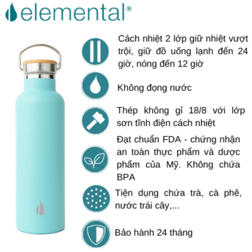 BÌNH GIỮ NHIỆT ELEMENTAL MÀU XANH LAM (750ML), BÌNH NHẬP KHẨU MỸ, ĐẠT CHUẨN FDA HOA KỲ, THÉP 304 KHÔNG GỈ, GIỮ NÓNG LẠNH