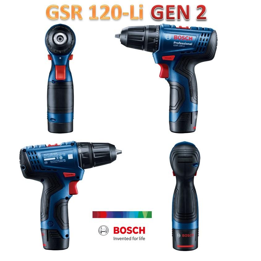 Máy khoan vặn vít dùng pin 12V Bosch GSR 120-LI GEN II gồm 1 sạc 2 pin 2.0 model 2021