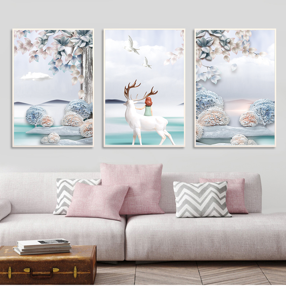 Tranh CANVAS treo tường – Bộ tranh huơu trừu tượng phong cách bắc âu CC189 - chất liệu Vải canvas kim tuyến cán PiMa - công nghệ in UV sắc nét - bền màu 10 năm - Khung viền composite