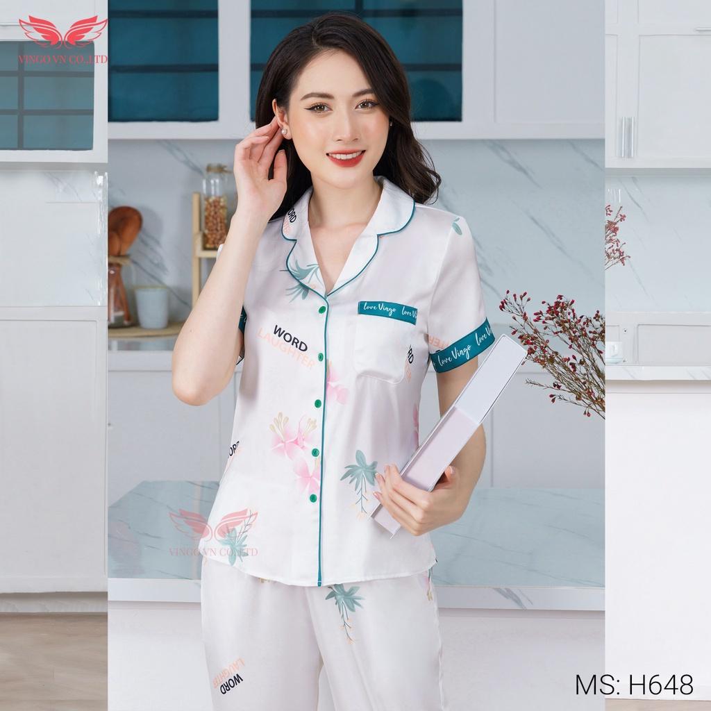 Đồ Bộ Ngủ Nữ Pijama Mặc Nhà VINGO Tay Ngắn Quần Dài Lụa Pháp Cao Cấp In Hoa Hồng Trắng Viền Xanh Đông Xuân H648 VNGO