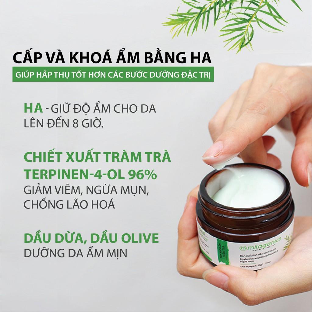 Kem Khóa Ẩm Tràm Trà Ngăn Ngừa Mụn Viêm &amp; Dưỡng Ẩm Dành Cho Da Mụn - Dẫn Xuất Tinh Dầu Tràm Trà 2% MILAGANICS 50gr (Hũ)